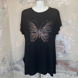 Model France XL black short sleeve top colorful rhinestone butterfly cotton knit